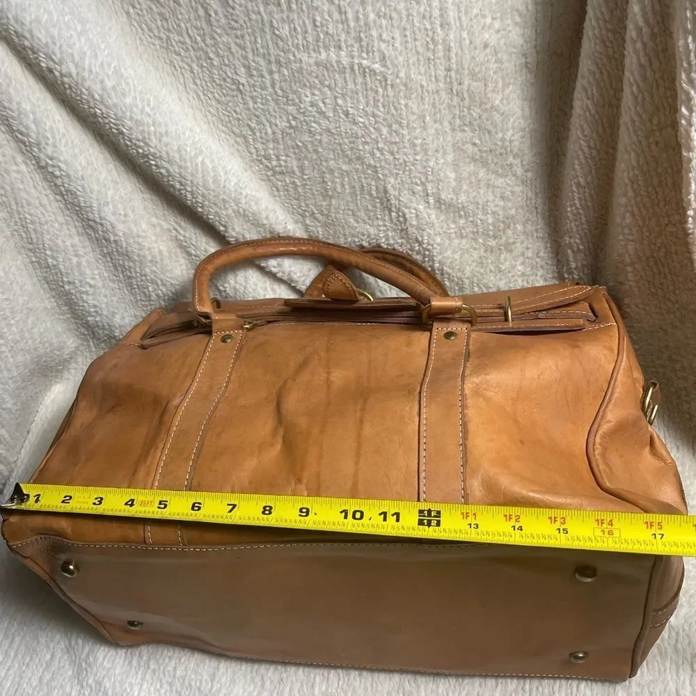 Classic Tan Leather Duffel travel weekender Bag gold tone hardwares